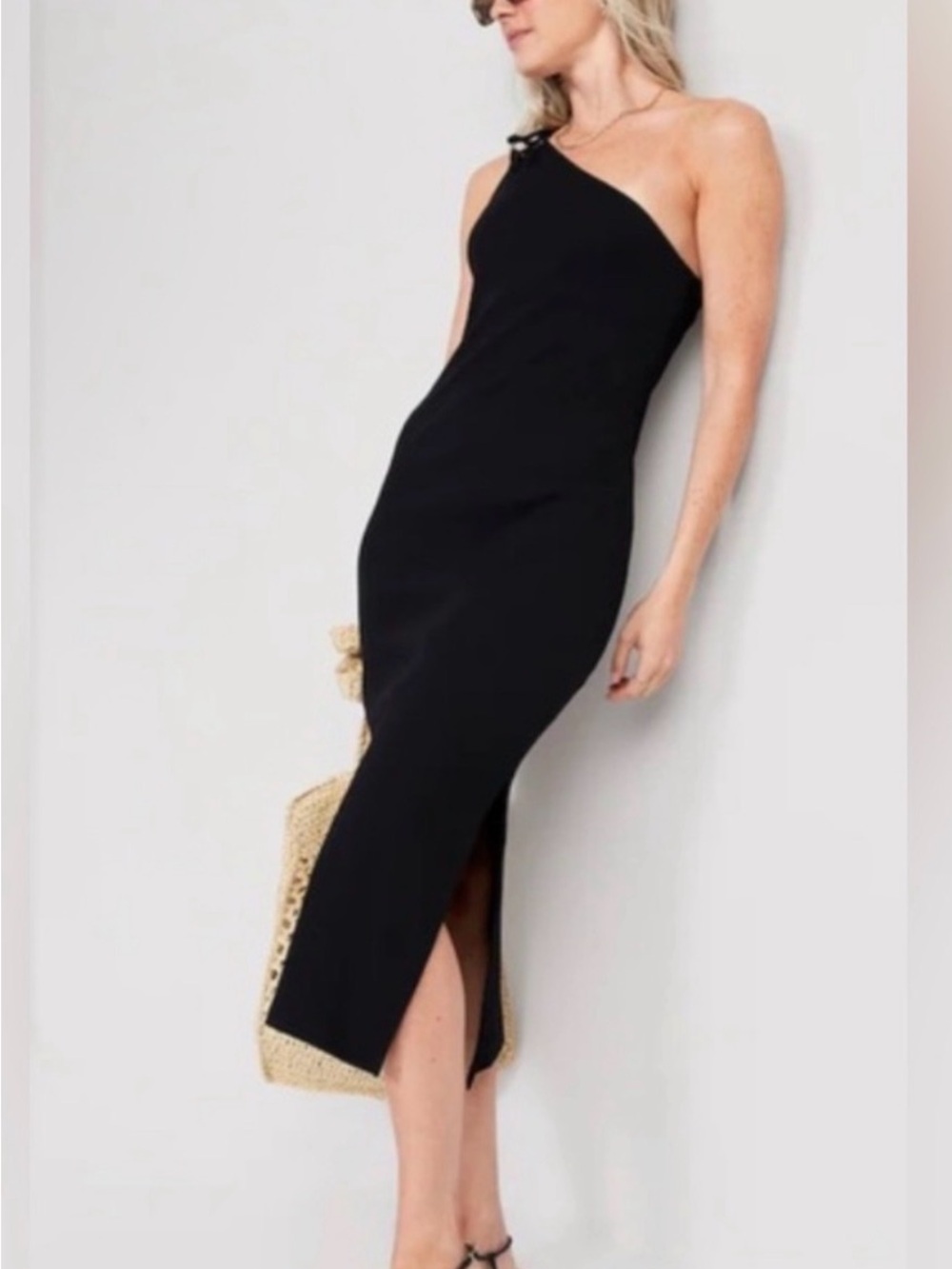 Old Navy black fitted one shoulder ribbed midi dress XS